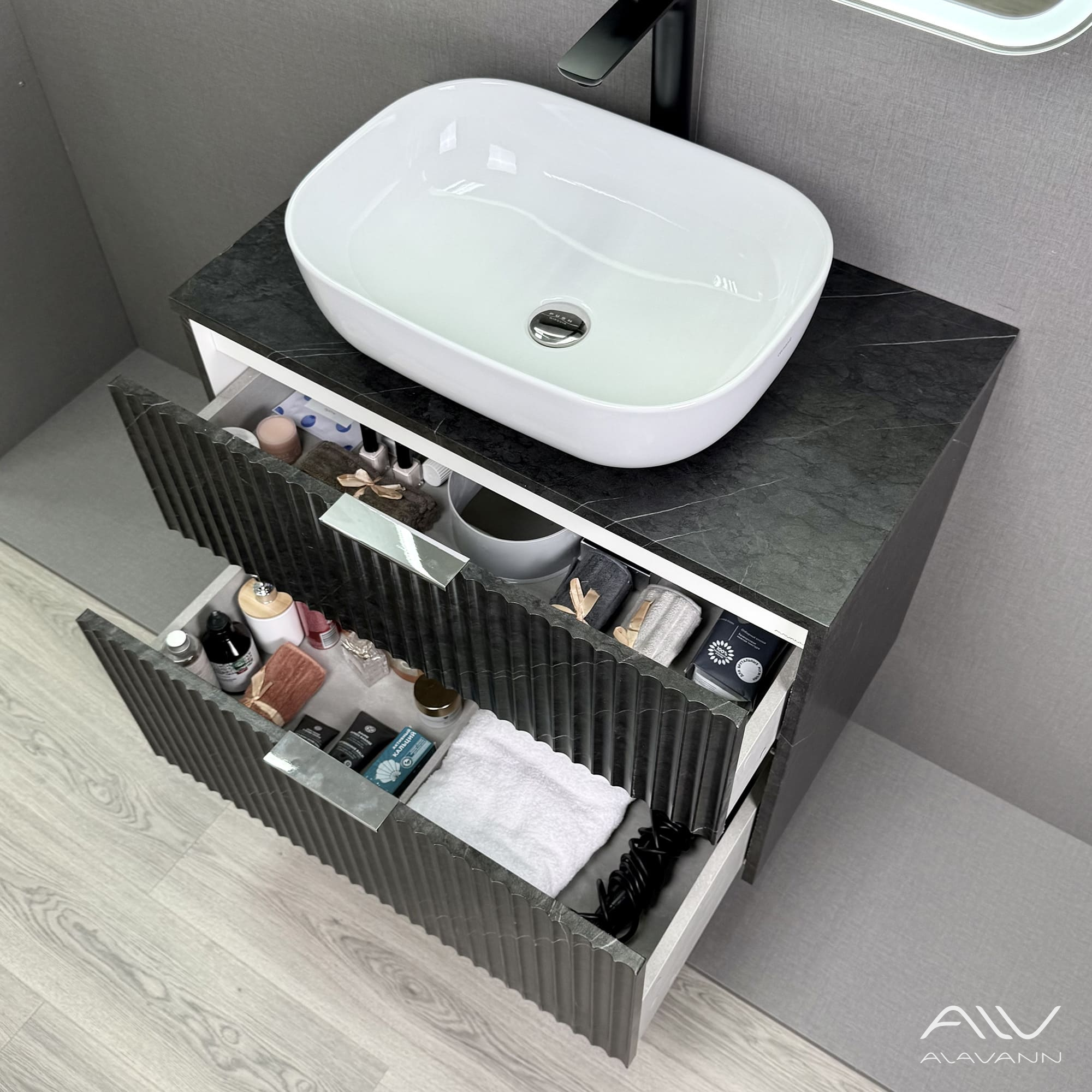 Тумба подвесная Alavann Anna 80 с раковиной Moduo 50 SQUARE, черный мрамор