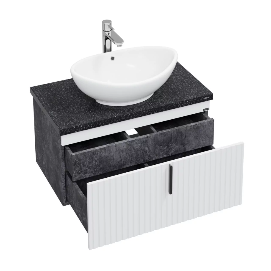 Тумба подвесная Санта Юпитер 80 с раковиной Гамма 56, 2 ящика, белый/темный бетон