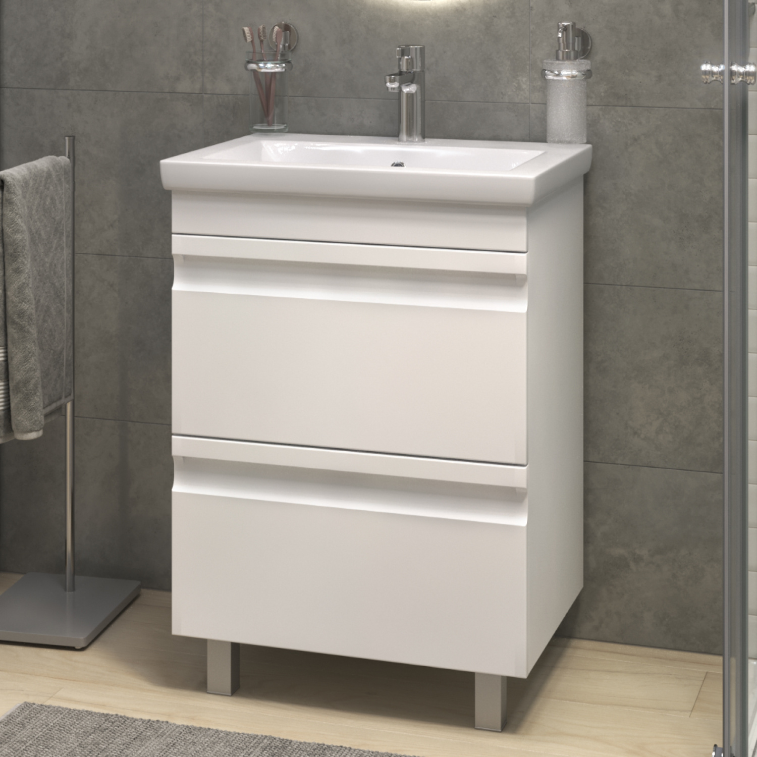 Тумба напольная Vigo Holly 60 с раковиной Como 60, 2 ящика, белый