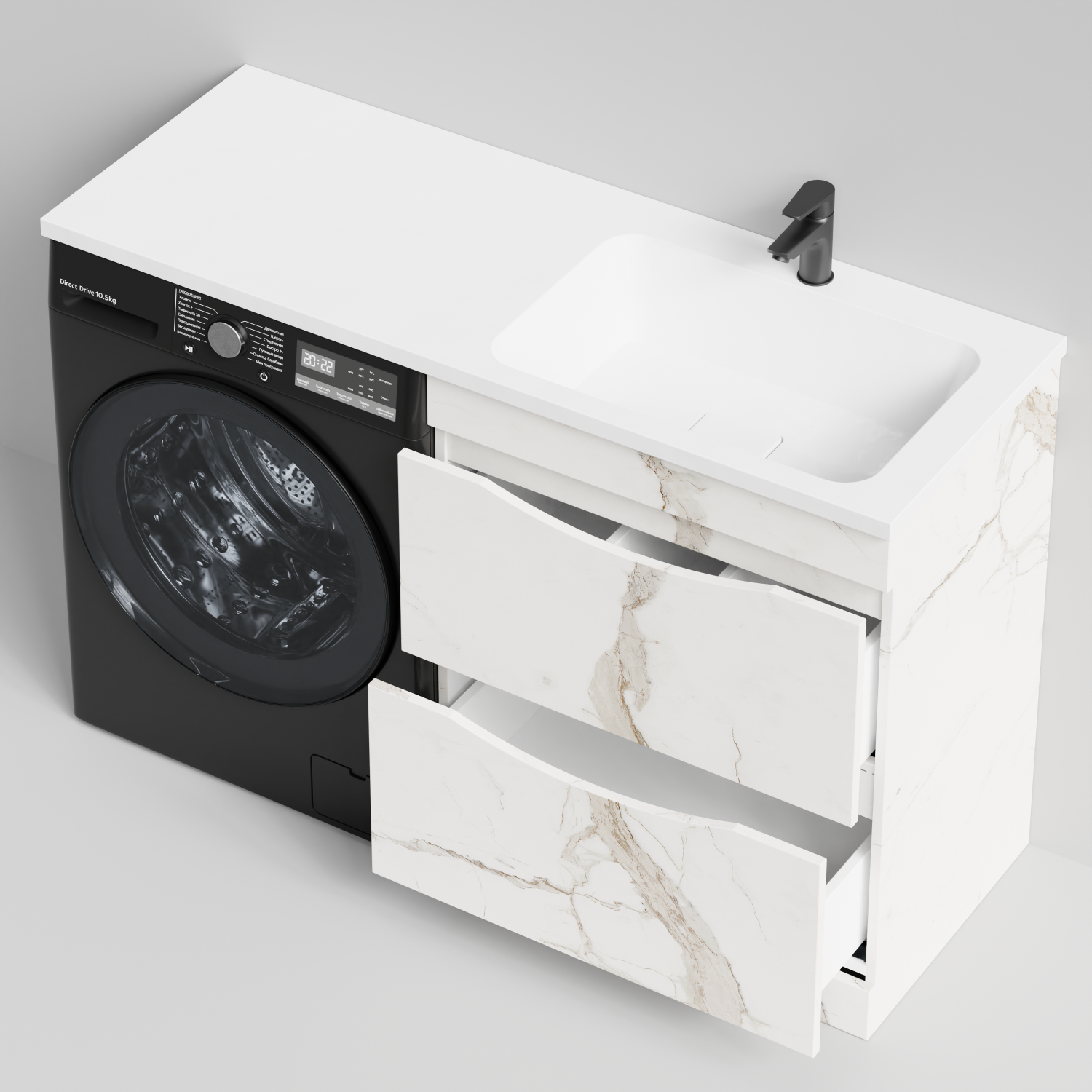Тумба Vod-ok 68 с раковиной Смайл 130 напольная, под стиральную машину, правая, Мрамор Белый натур милк