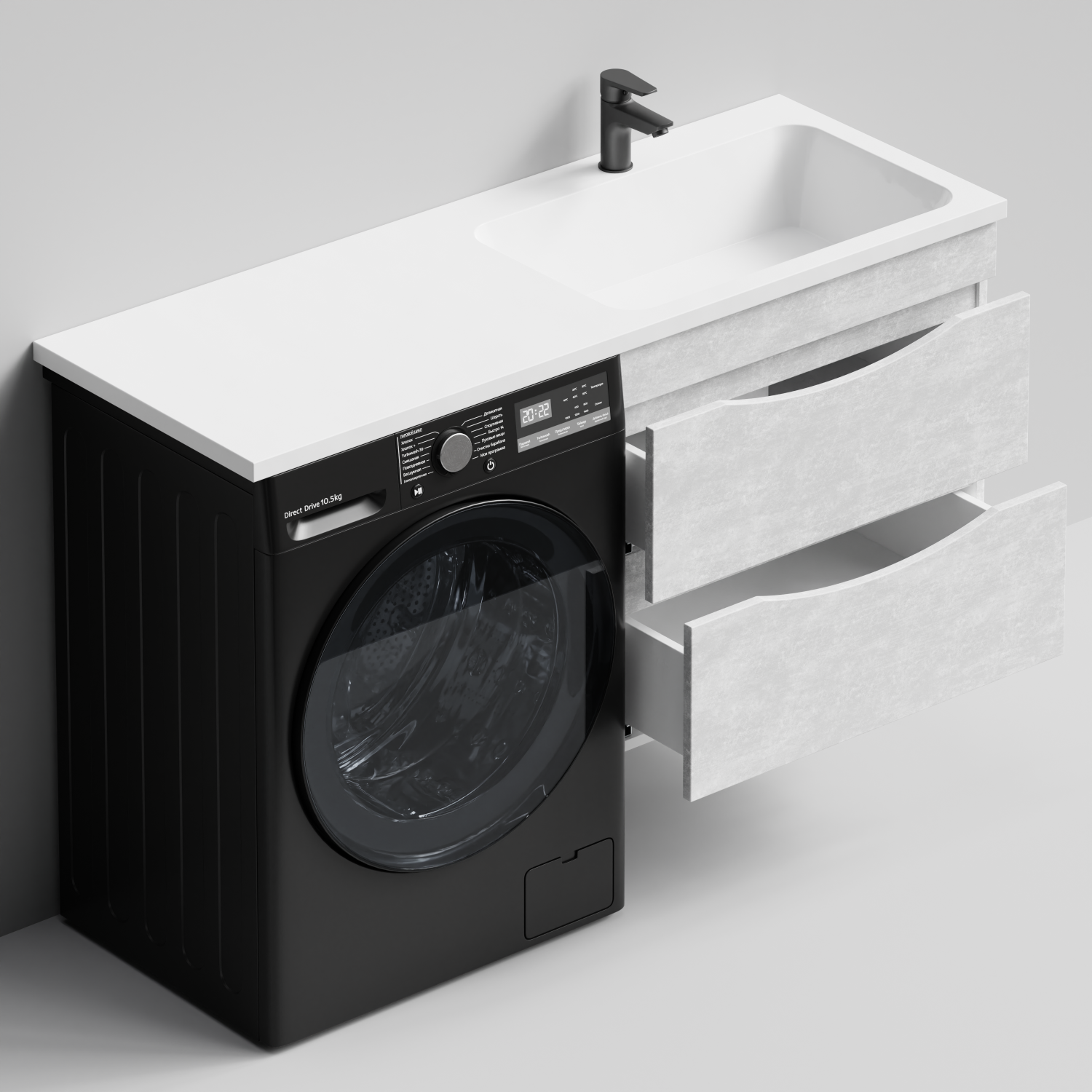 Тумба Vod-ok 68 с раковиной Смайл 130 подвесная, под стиральную машину, правая, Белый камень