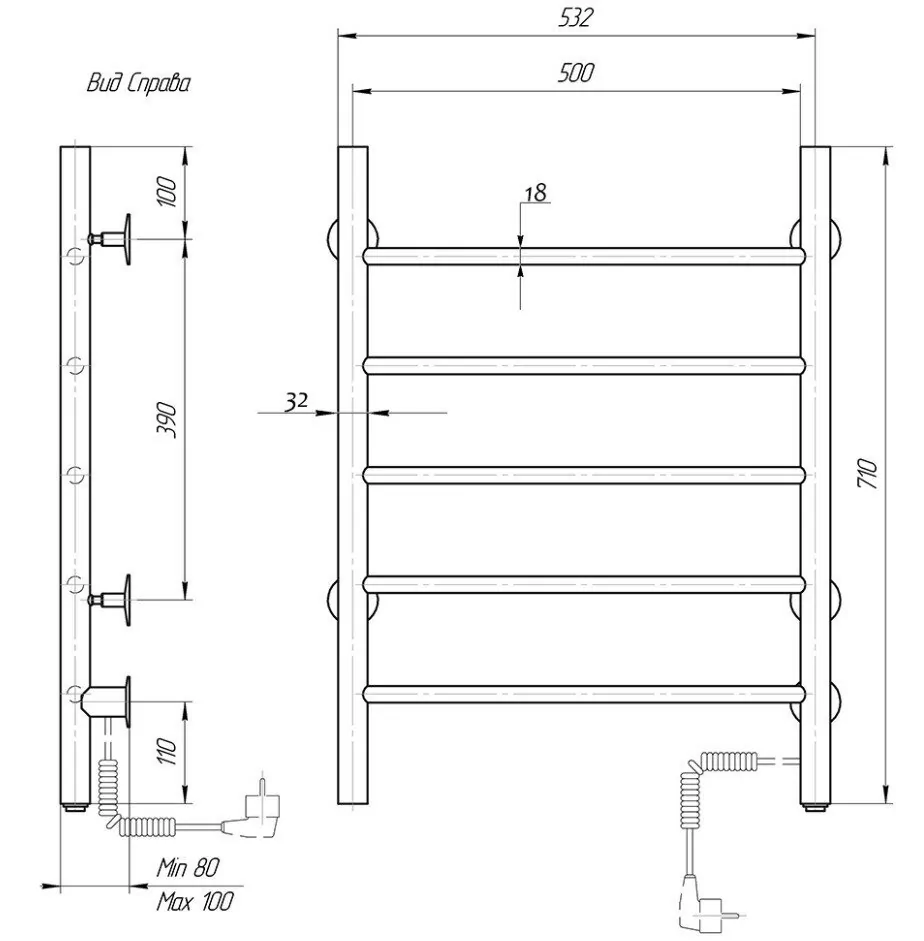 Полотенцесушитель электрический Domoterm Аврора 109-5 53х71 BOX EK R правый, хром