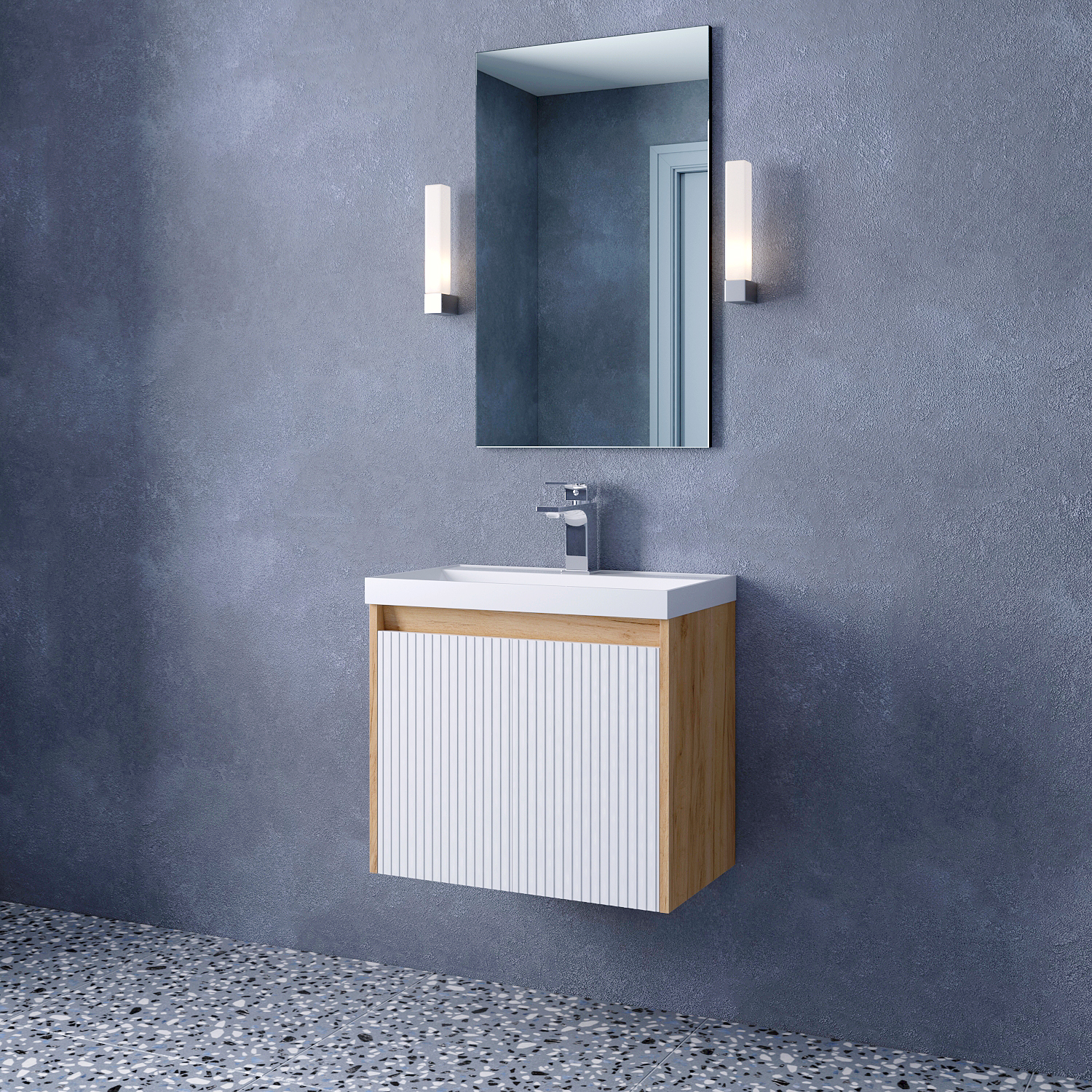 Тумба подвесная Corozo Блисс 60 с раковиной Classica Slim 60, белый/дуб крафт