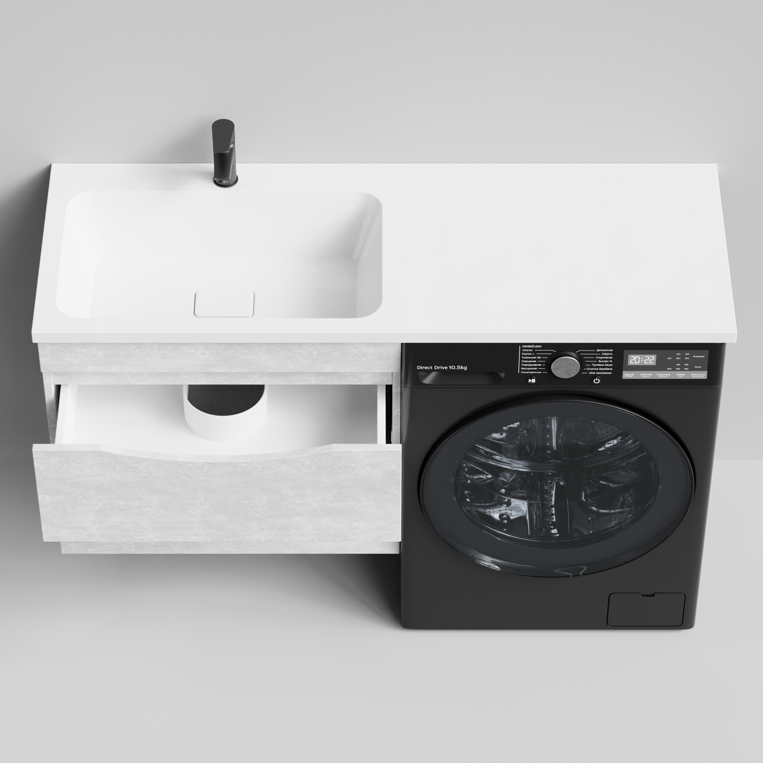 Тумба Vod-ok 68 с раковиной Смайл 130 подвесная, под стиральную машину, левая, Белый камень