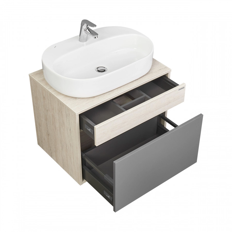 Тумба подвесная Aquaton Лофт Урбан 65 с раковиной Одри 42x62 Round, серый графит, дуб орегон