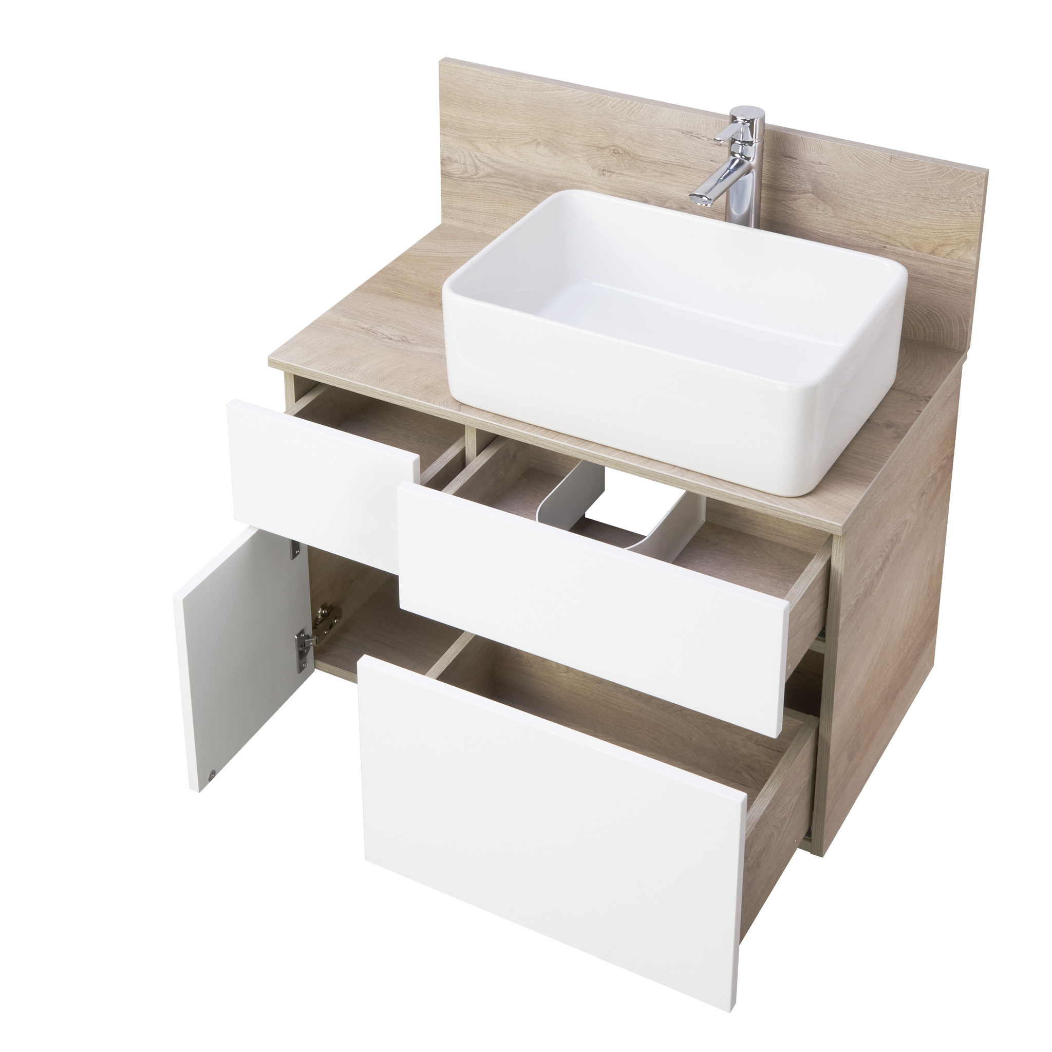 Тумба Aquaton Мишель 80 с раковиной Лола 60 подвесная, дуб эндгрейн, белый