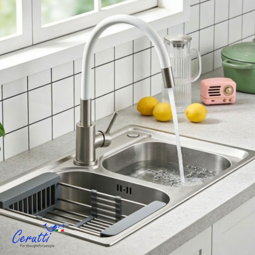 Cмеситель для кухни Ceruttispa Атэна BN-W (ATENA BN-W) из нержавеющей стали, цвет матовый никель, излив белый