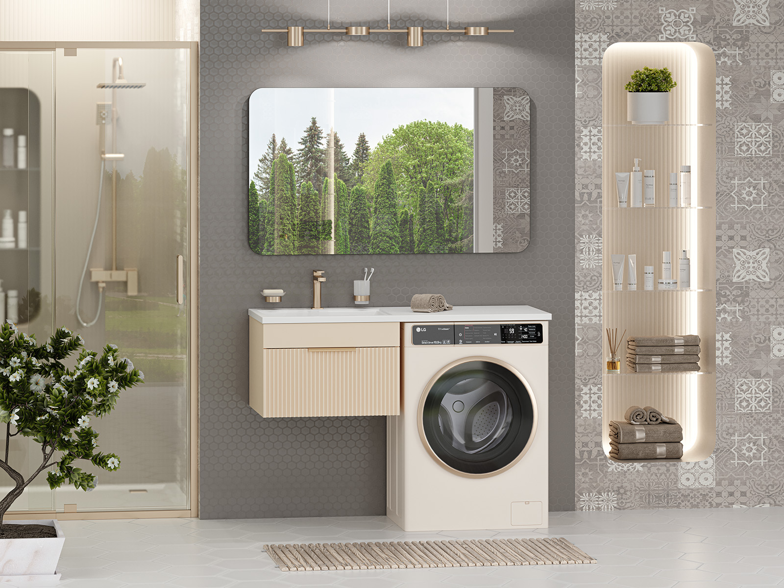 Тумба с раковиной Brevita Enfida 60 под стиральную машину подвесная, с раковиной Эстет Даллас 120 L, бежевый