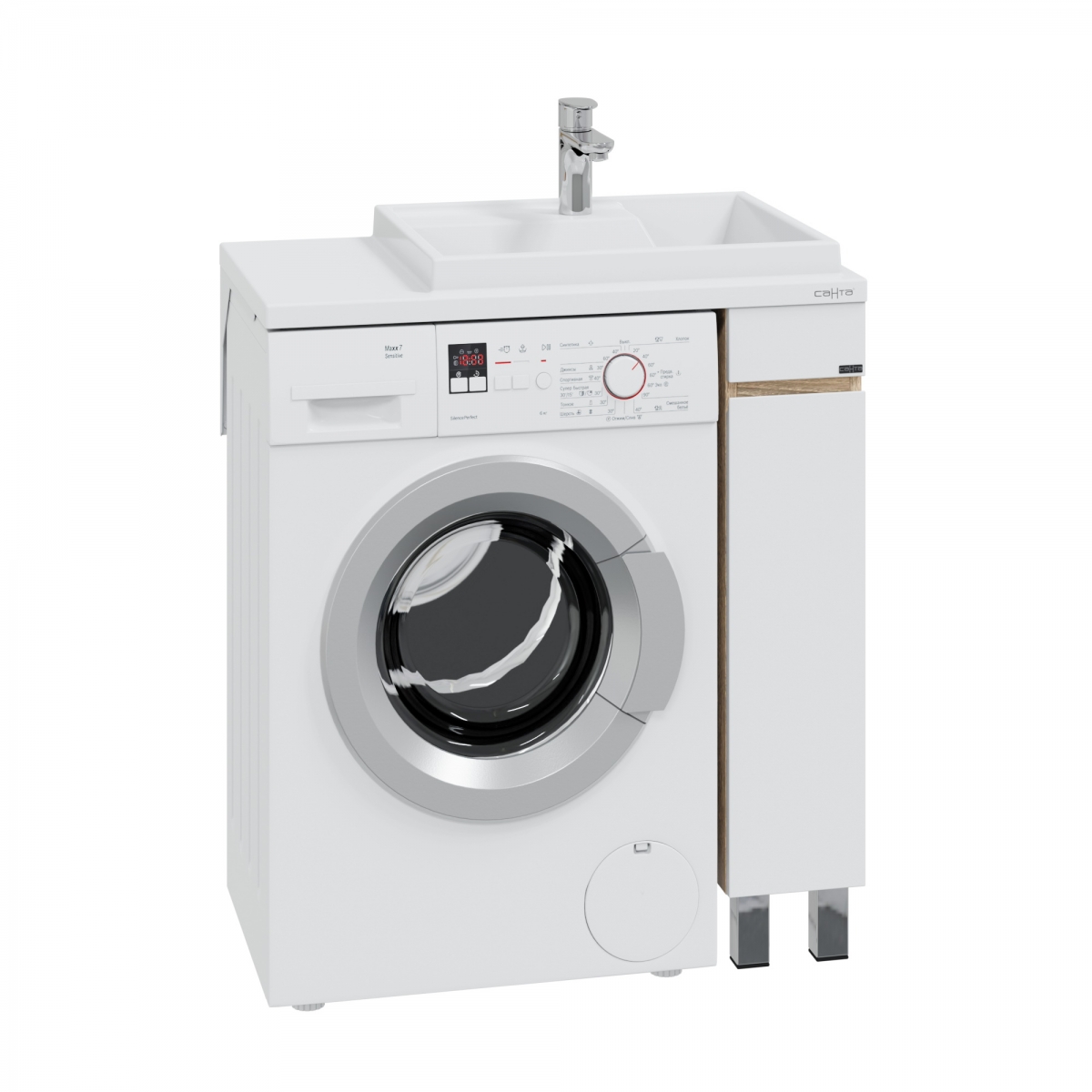 Тумба напольная Санта Марс 19 с раковиной Юпитер 800х500 под стиральную машину, 1 дверь, правая, янтарный, белый