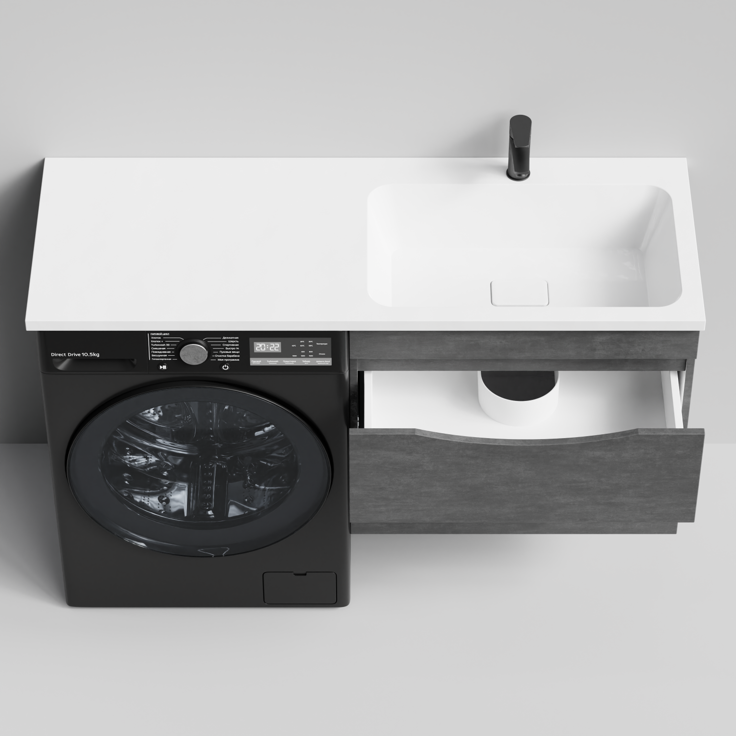 Тумба Vod-ok 68 с раковиной Смайл 130 подвесная, под стиральную машину, правая, Серый камень