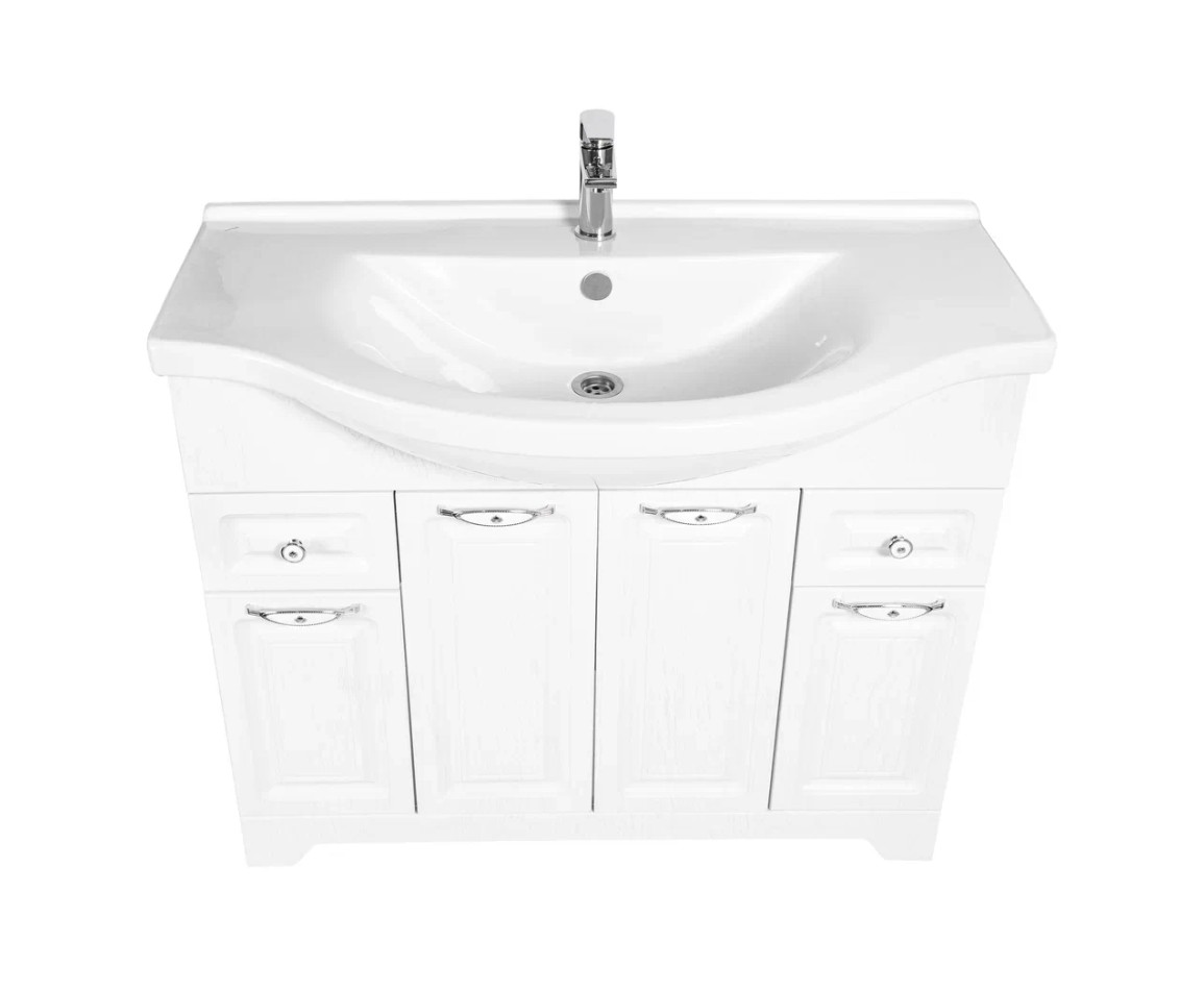 Тумба напольная Stella Polar Кармела 100 с раковиной Эльбрус 100, 2 ящ, 4 двери, Люкс белое серебро