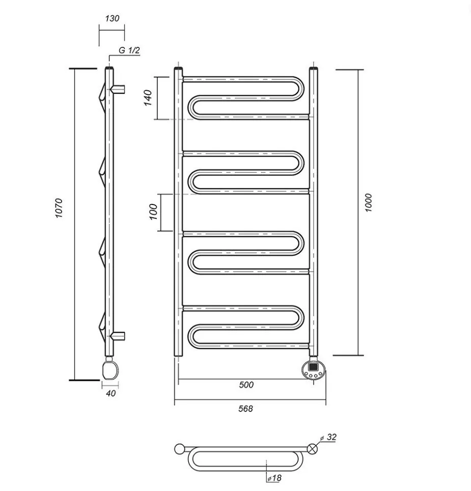 Полотенцесушитель электрический Domoterm Офелия П12 500х1000 ER правый, хром
