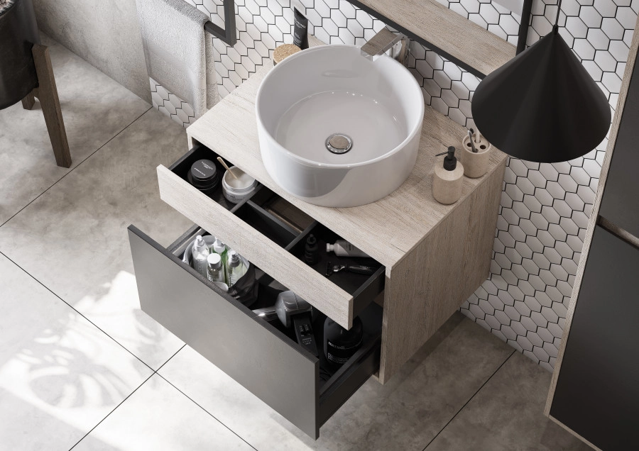 Тумба подвесная Aquaton Лофт Урбан 65 с раковиной MILA 35х50, серый графит, дуб орегон