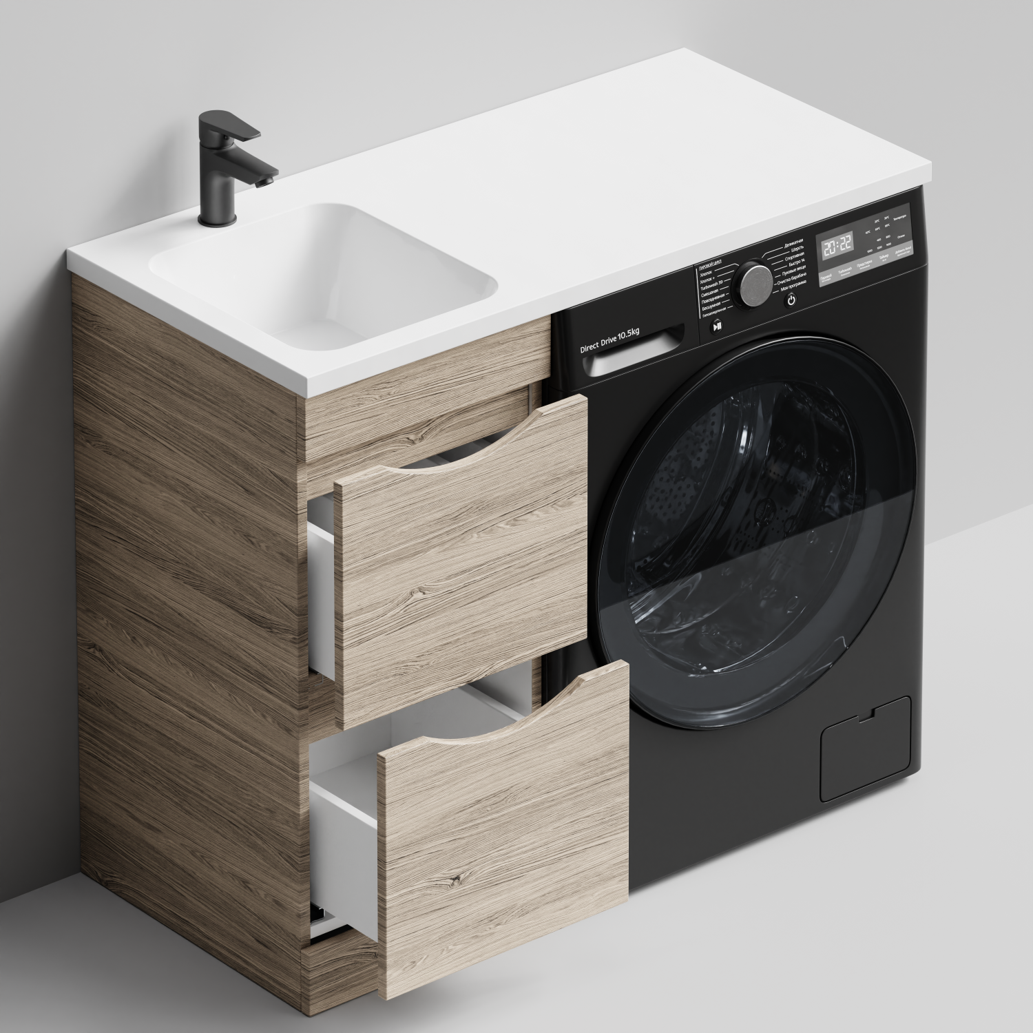 Тумба Vod-ok 38 с раковиной Смайл 100 напольная, под стиральную машину, левая, Дубослив ореховый светлый