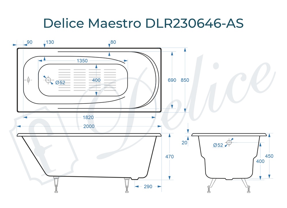 Ванна чугунная Delice Maestro 200х85 с антискользящим покрытием DLR230646-AS