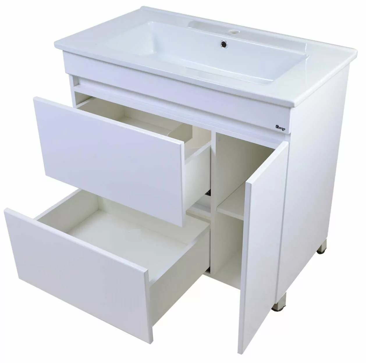 Тумба Emmy Джерси с раковиной Оскар 85 правая, напольная, 2 ящика, 1 дверь, белая