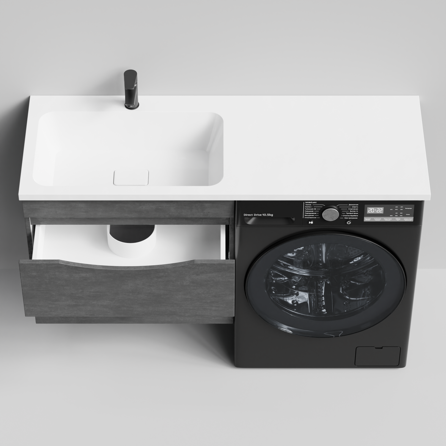 Тумба Vod-ok 68 с раковиной Смайл 130 подвесная, под стиральную машину, левая, Серый камень