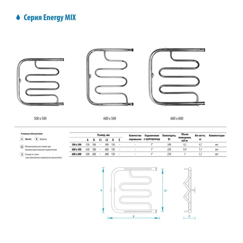 Полотенцесушитель водяной Energy Mix 500x500 хром