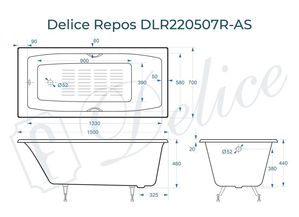 Ванна чугунная Delice Repos 150х70 DLR220507R-AS с ручками и антискользящим покрытием