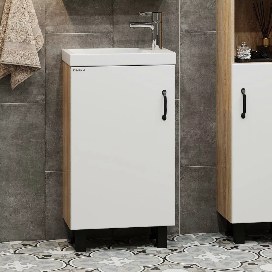 Тумба с раковиной Onika Тимбер 45 напольная, белый матовый/дуб сонома