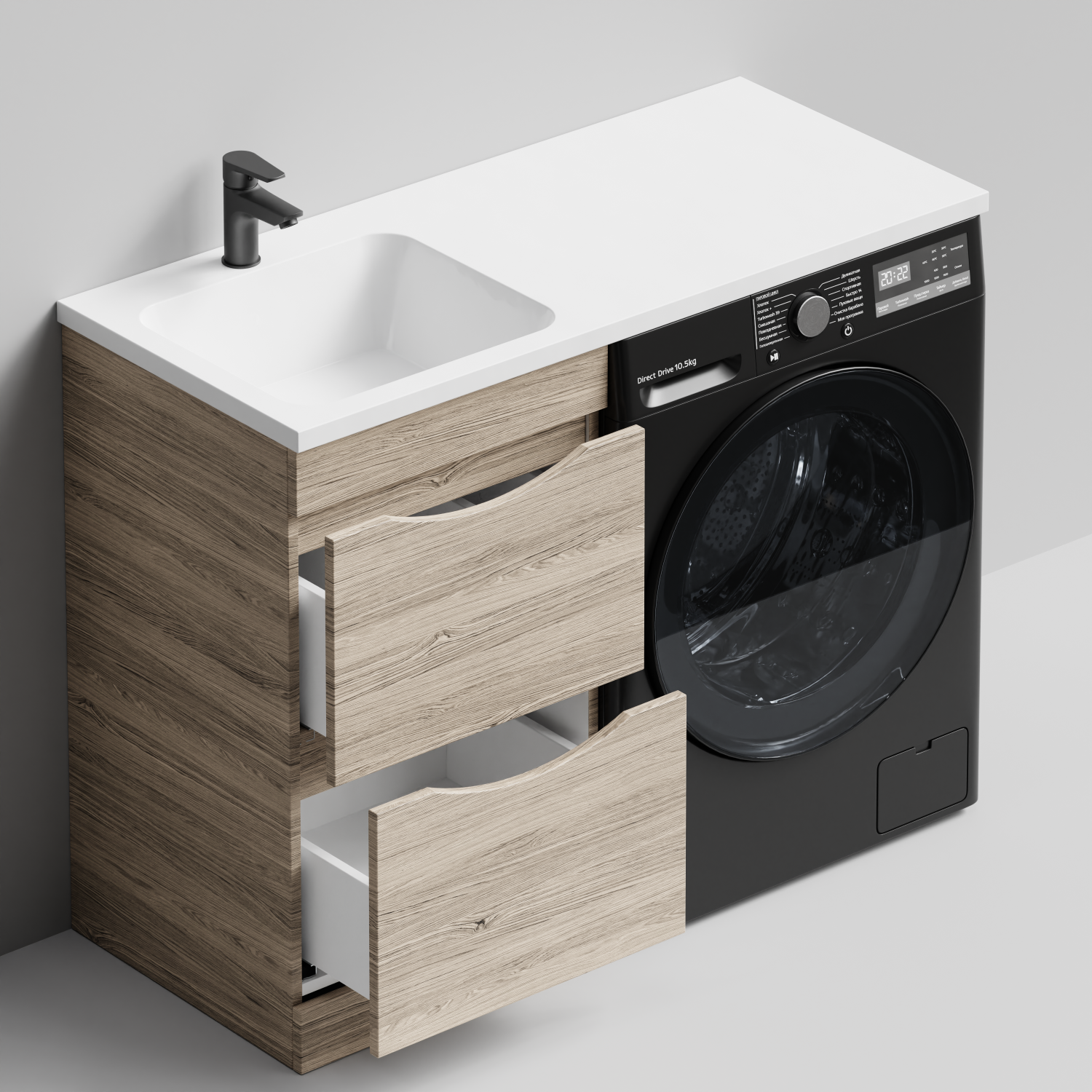 Тумба Vod-ok 48 с раковиной Смайл 110 напольная, под стиральную машину, левая, Дубослив ореховый светлый