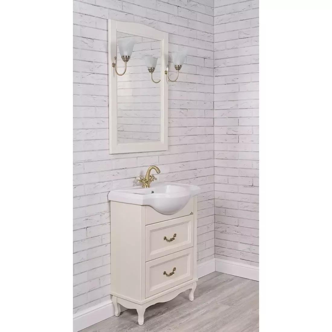 Тумба напольная ValenHouse Эллина 65/2 с раковиной Классик 65, 2 ящика, слоновая кость, бронза