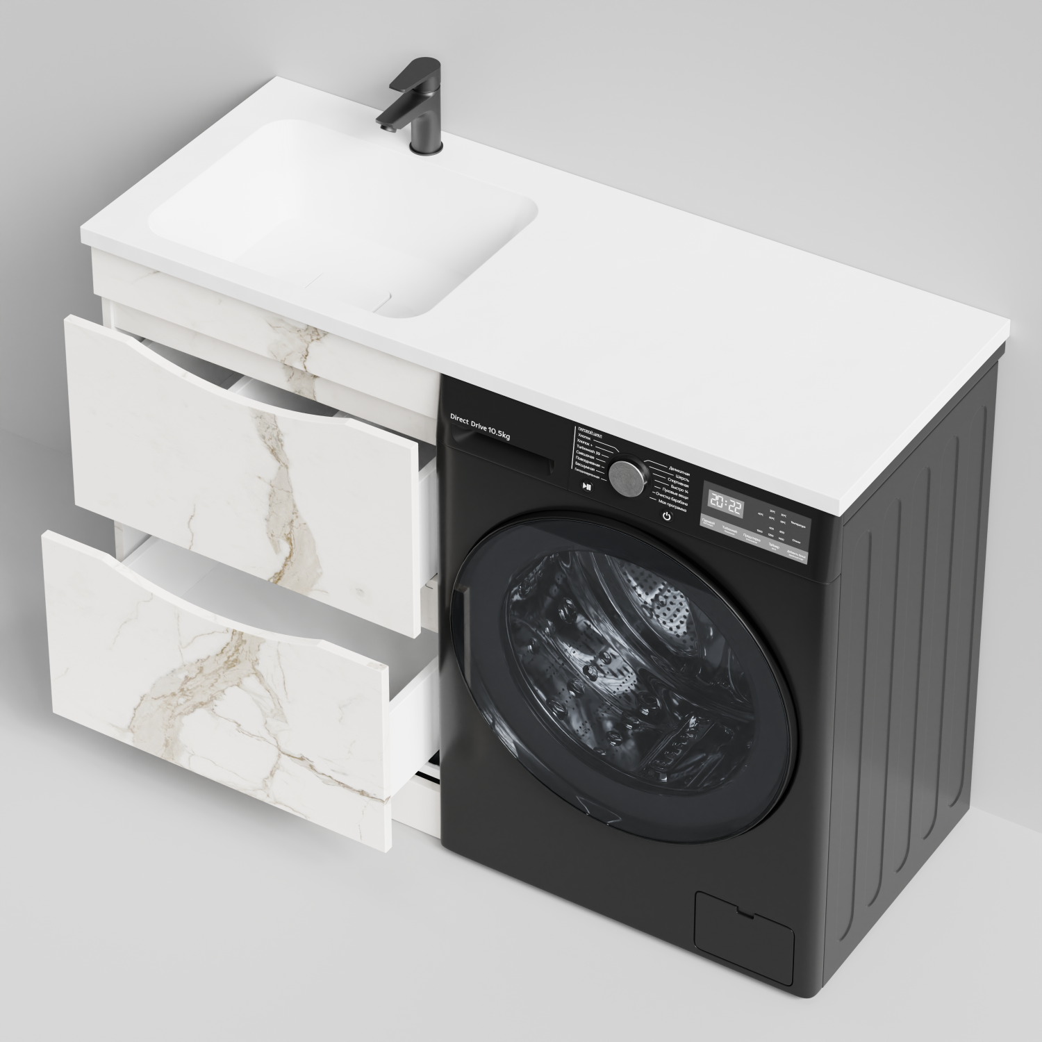 Тумба Vod-ok 58 с раковиной Смайл 120 напольная, под стиральную машину, левая, Мрамор Белый натур милк
