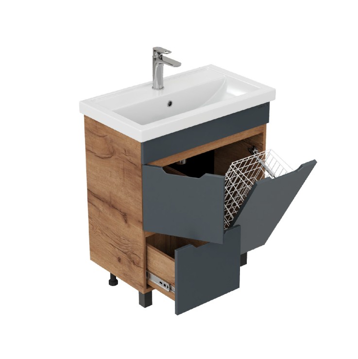 Тумба напольная Onika Айленд с раковиной Фостер 70, с корзиной, графит/дуб крафт золотой