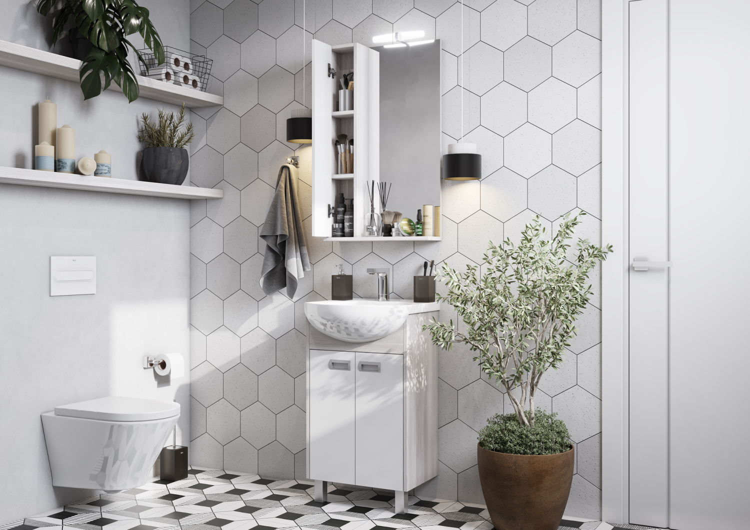 Зеркало со шкафчиком Aquaton Бекка 50 L, свет, белый/дуб сомерсет