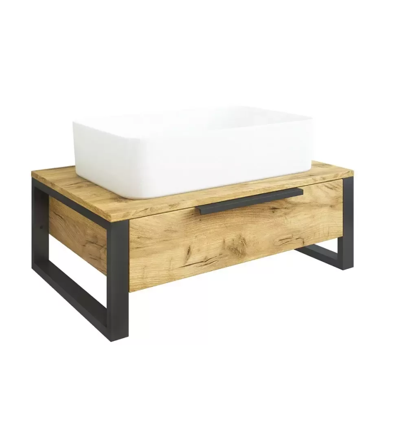 Тумба подвесная Sanflor Гард 70 с раковиной Олимпия 56, дуб крафт золотой/черный