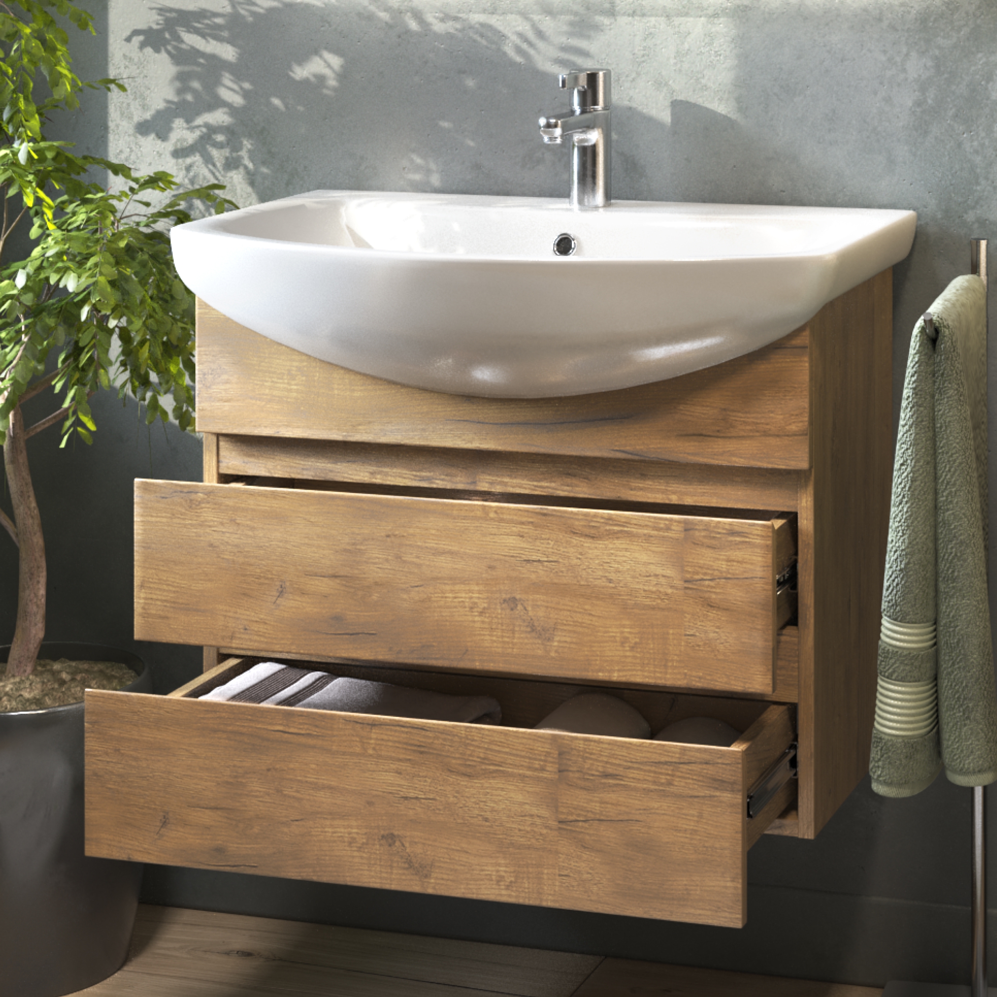 Тумба напольная Vigo Wing 60 с раковиной Балтика 60, 2 ящика, дуб золото