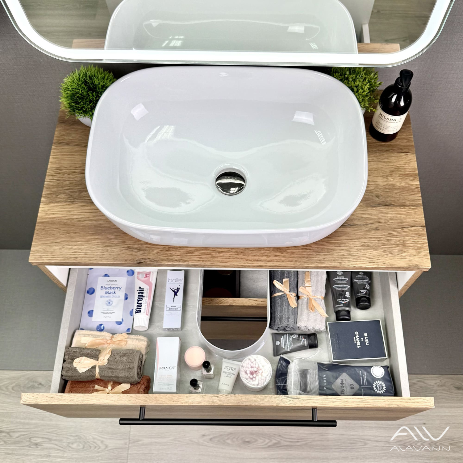 Тумба подвесная Alavann Rondo 80 с раковиной Moduo 50 SQUARE, дуб
