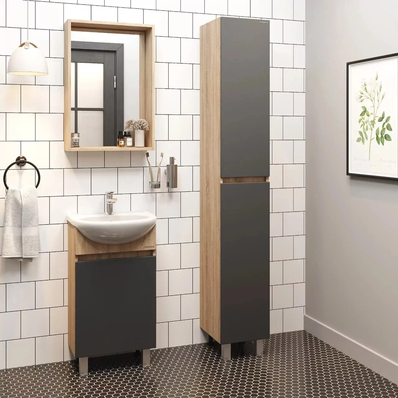 Тумба с раковиной Onika Милтон 45 напольная, серый/дуб сонома