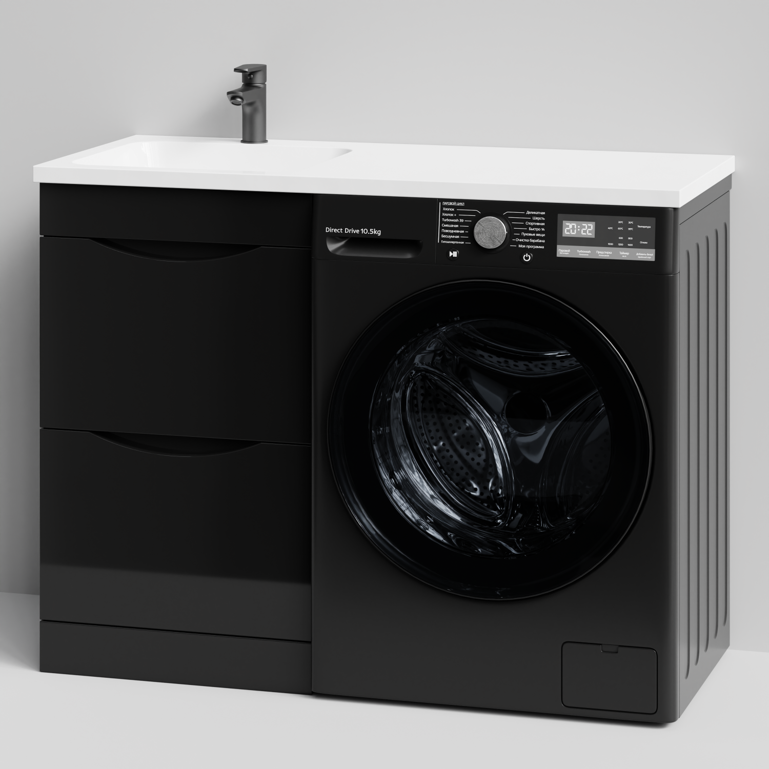 Тумба Vod-ok 48 с раковиной Смайл 110 напольная, под стиральную машину, левая, черный глянец