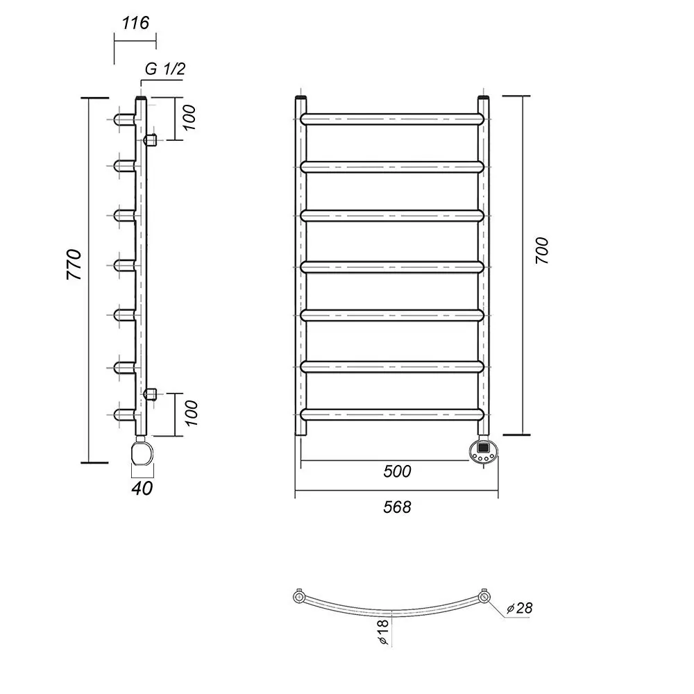 Полотенцесушитель электрический Domoterm Калипсо П7 500x700 ER правый, античная бронза
