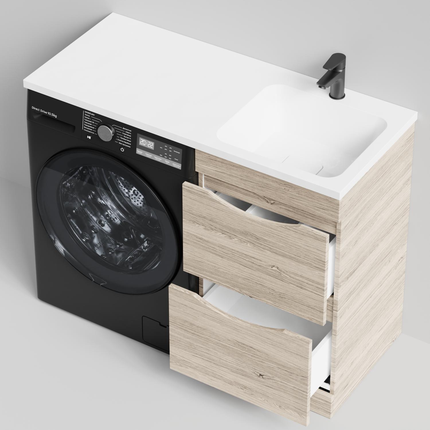 Тумба Vod-ok 48 с раковиной Смайл 110 напольная, под стиральную машину, правая, Дубослив ореховый светлый