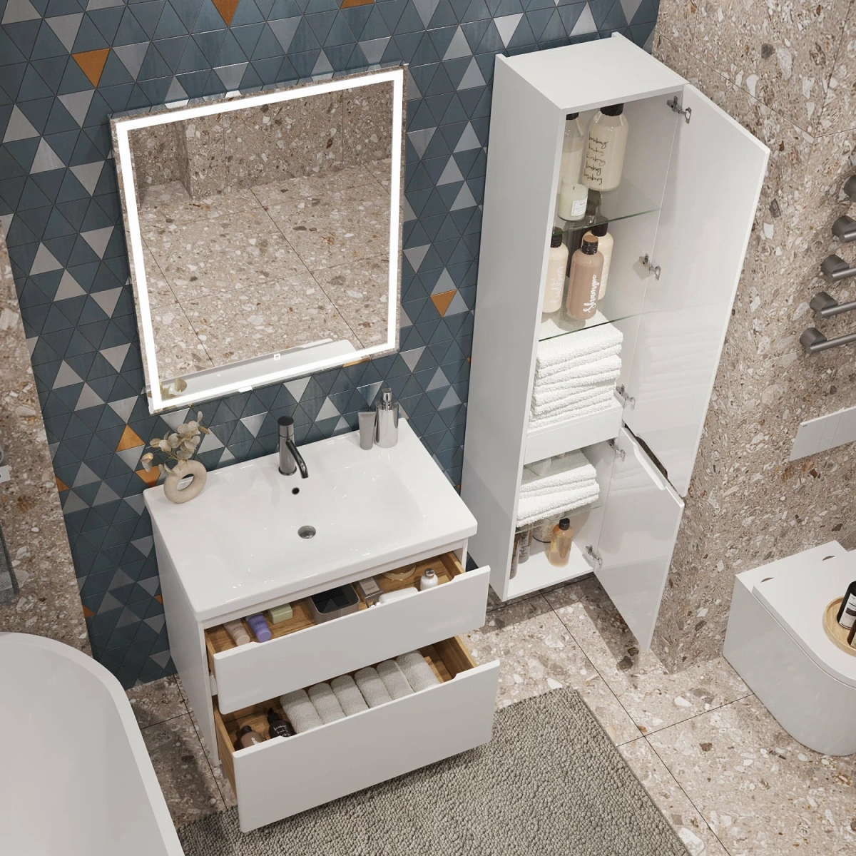 Тумба напольная SanStar Riana 80 с раковиной Гармония 80, белая от магазина Vanna-Vanna.ru!