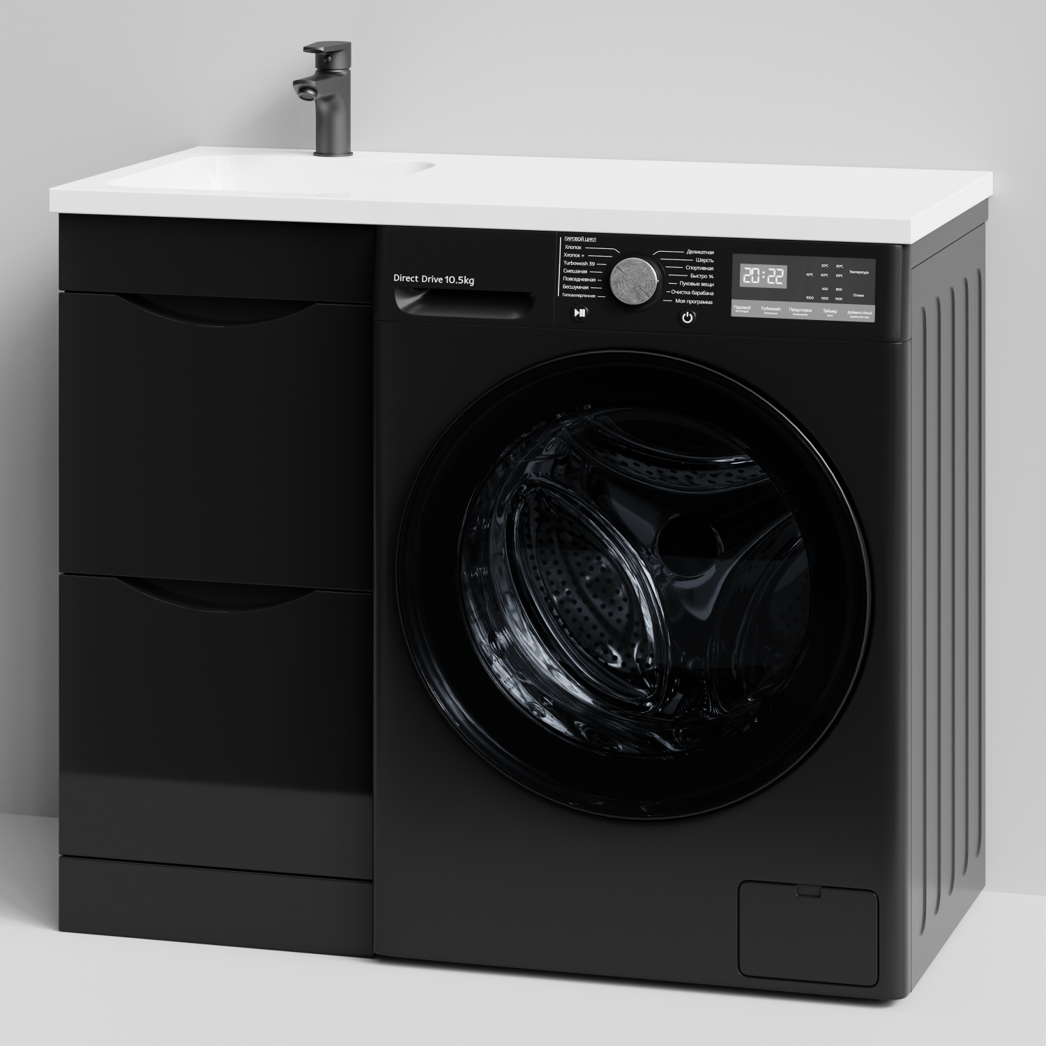 Тумба Vod-ok 38 с раковиной Смайл 100 напольная, под стиральную машину, левая, черный глянец