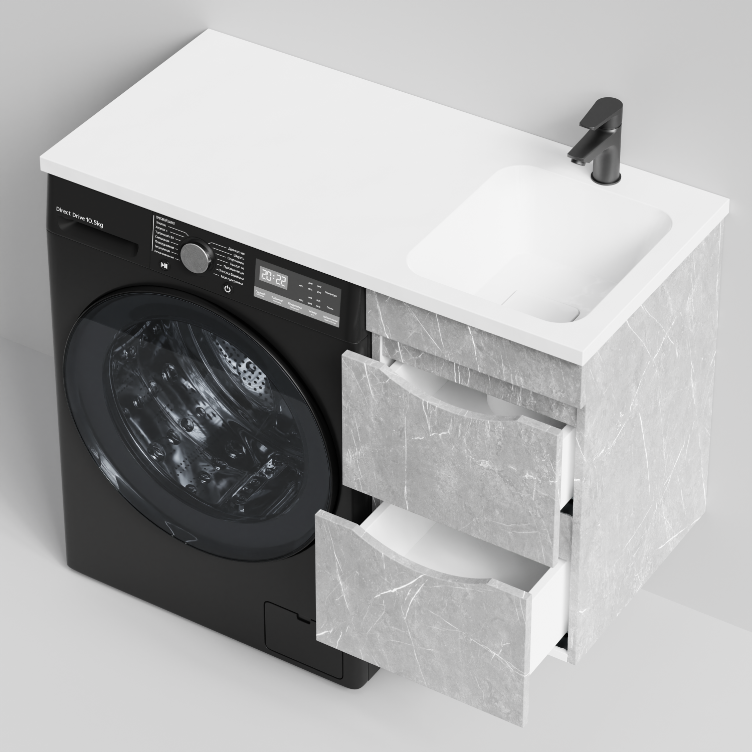 Тумба Vod-ok 38 с раковиной Смайл 100 подвесная, под стиральную машину, правая, Мрамор Белый софт тач