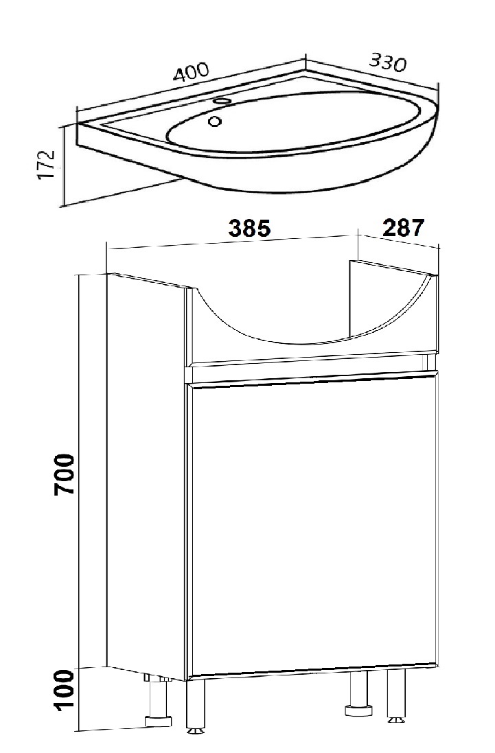 Тумба напольная Runo Лада 40 с раковиной Манго 40, белый