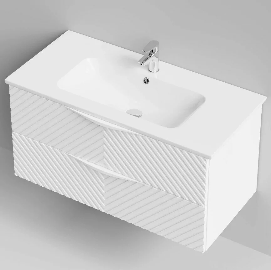 Тумба с раковиной Vod-ok Elite Эйфория 100 F4 елка крупная с ручкой, подвесная, два ящика, белый матовый