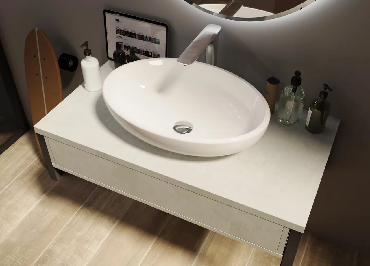 Тумба подвесная 1Marka Grunge loft 100П с раковиной Roll 53, 1 ящик, бетон светлый