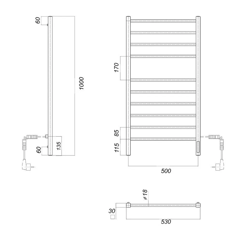Полотенцесушитель электрический Domoterm Куба П10 500x1000 EK R правый, белый матовый