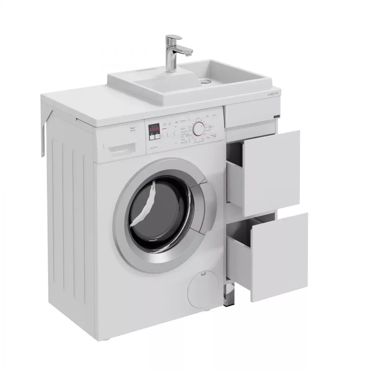 Тумба напольная Санта Марс 29 с раковиной Юпитер 90x50 под стиральную машину правая, 2 ящика, белая