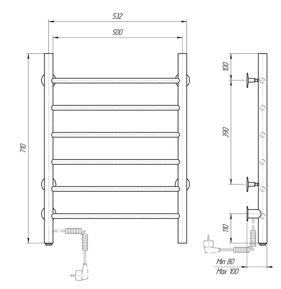 Полотенцесушитель электрический Domoterm Аврора DMT 109-6 50х71 EK L левый, черный матовый