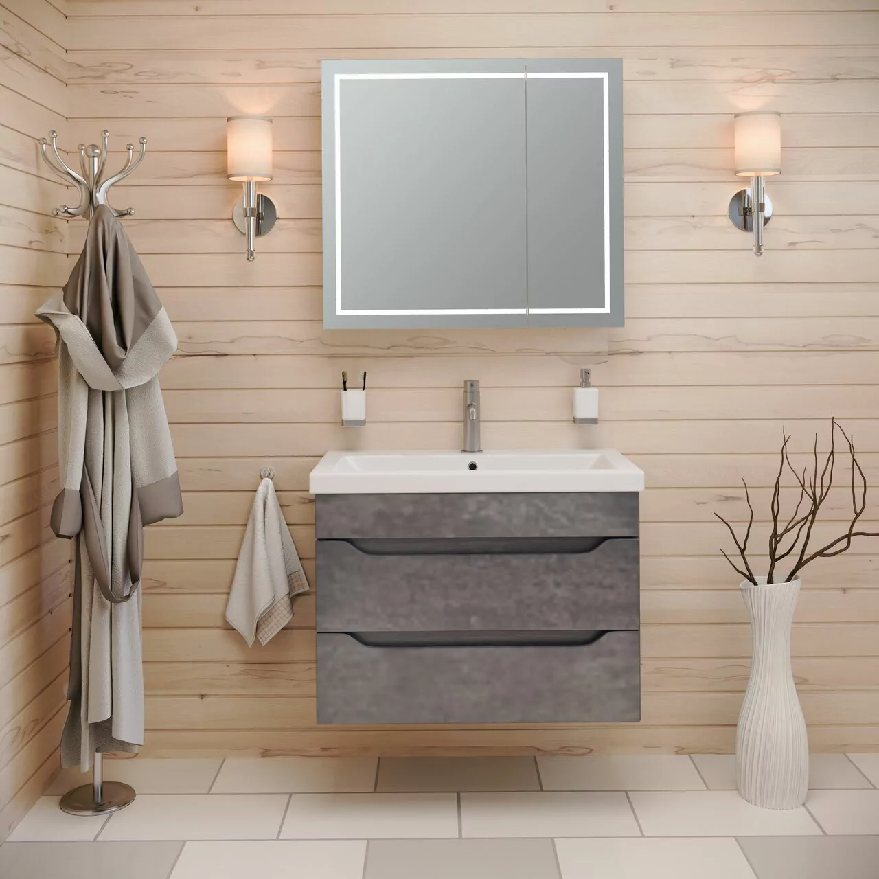 Тумба Emmy Стоун 60 с раковиной Como 60 подвесная, темный бетон матовый