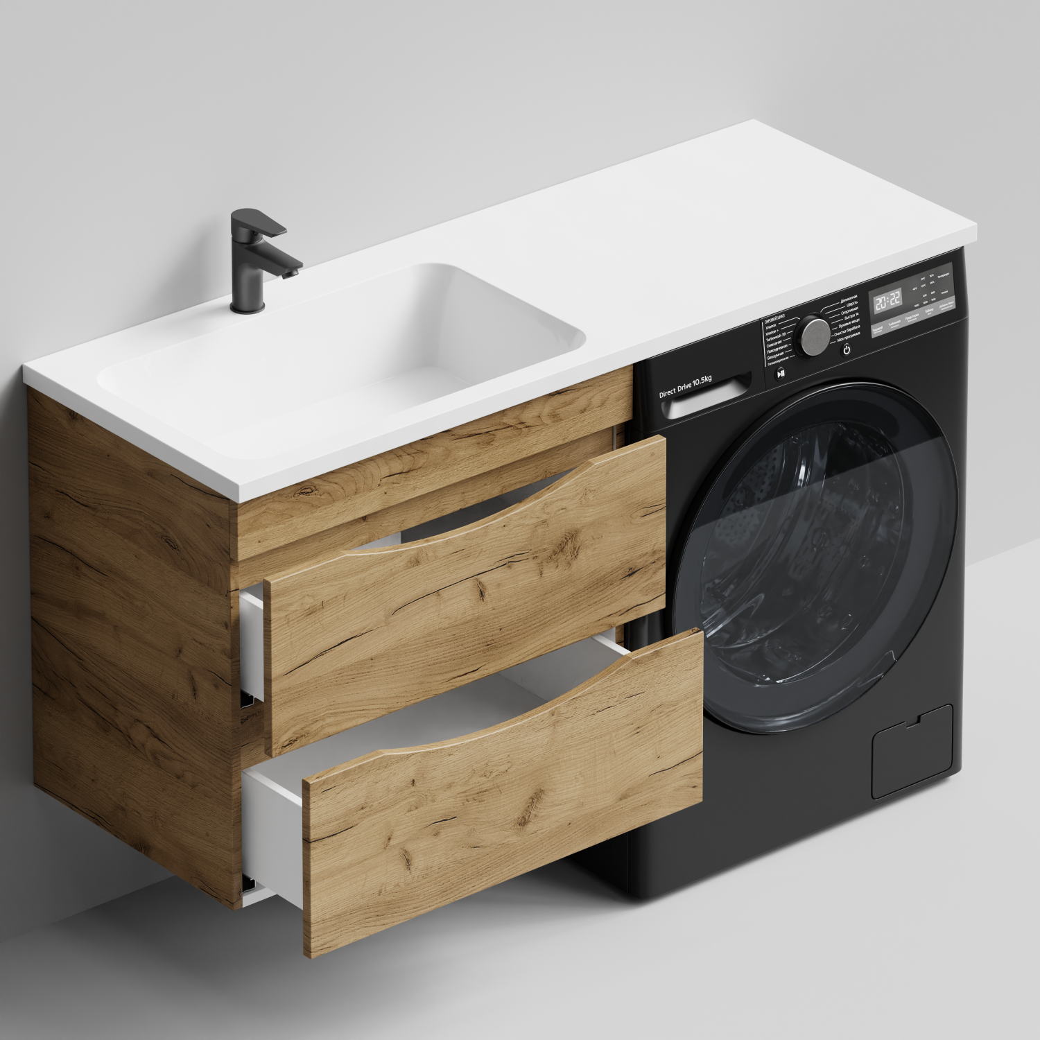 Тумба Vod-ok 68 с раковиной Смайл 130 подвесная, под стиральную машину, левая, Дуб Тортуга