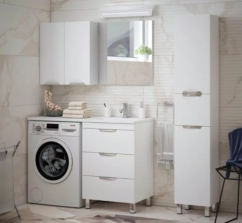 Тумба напольная Corozo Алиот 57 с раковиной Мадлен 120 R, под стиральную машину, белая
