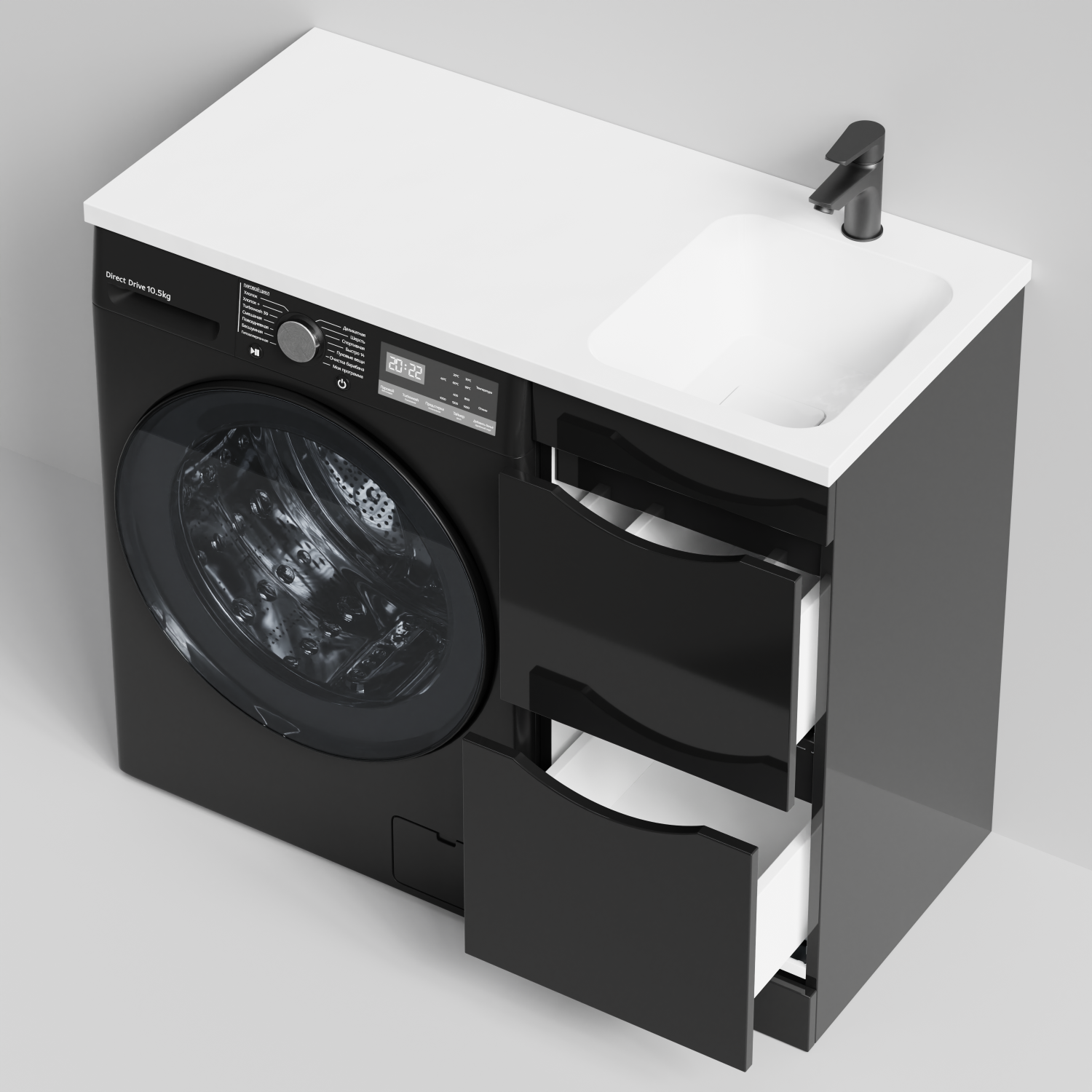 Тумба Vod-ok 38 с раковиной Смайл 100 напольная, под стиральную машину, правая, черный глянец