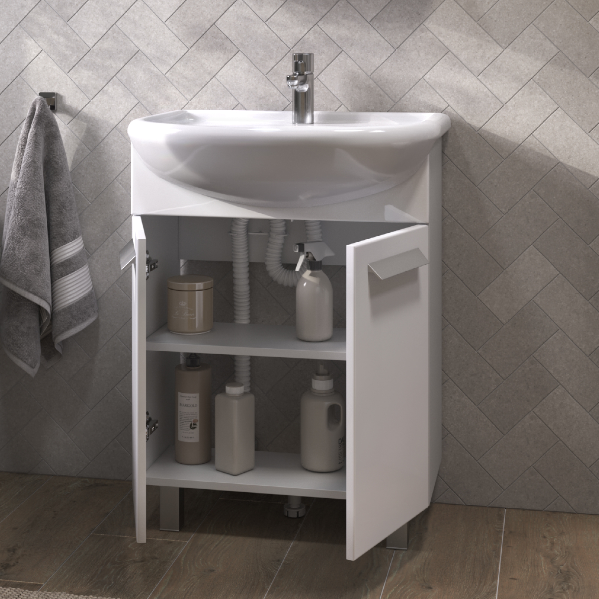 Тумба напольная Vigo Hoska 60 с раковиной Уют 60, 2 двери, белый